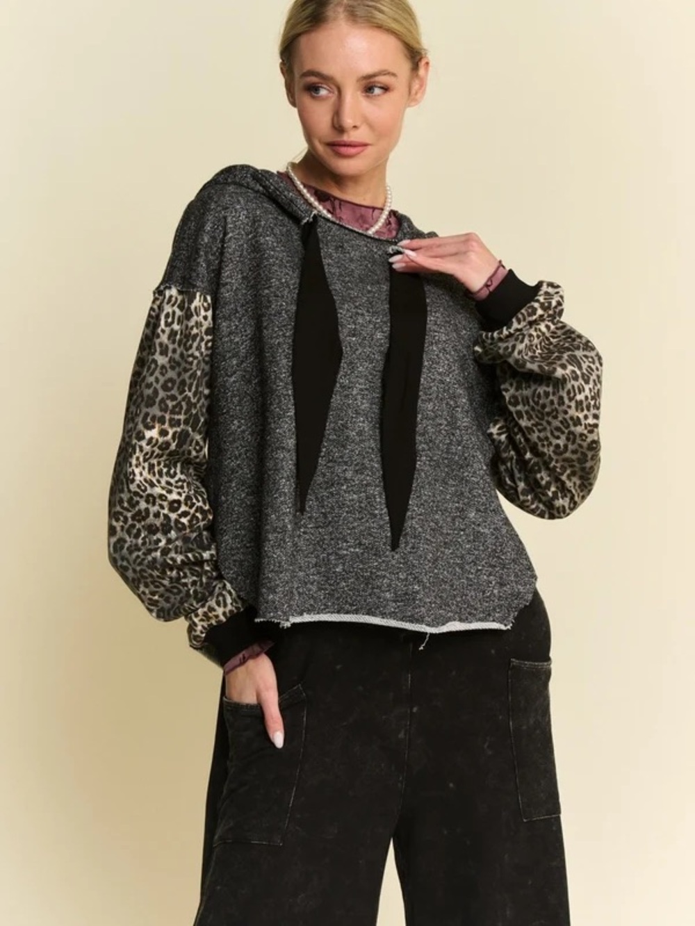 Davi & Dani Leopard Charcoal "Tweed" Ties Sweatshirt/Hoodie Top-NWOT-Sz 2x